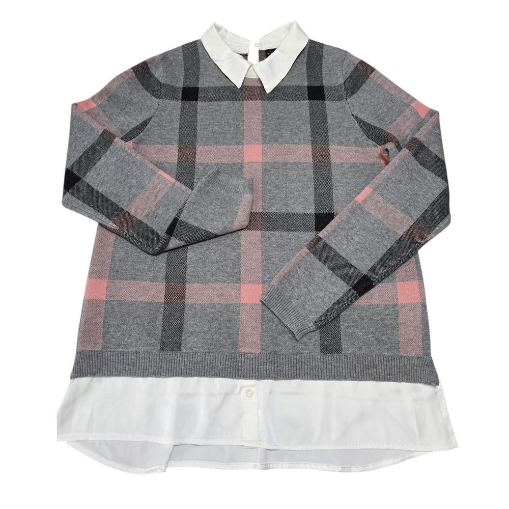 Tahari Womens Grey Pink Plaid Layered Look Collared Sweater Size Medium AS19396